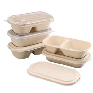 Barquettes bagasse avec 2 compartiments 900ml avec couvercle PET ou pulpe